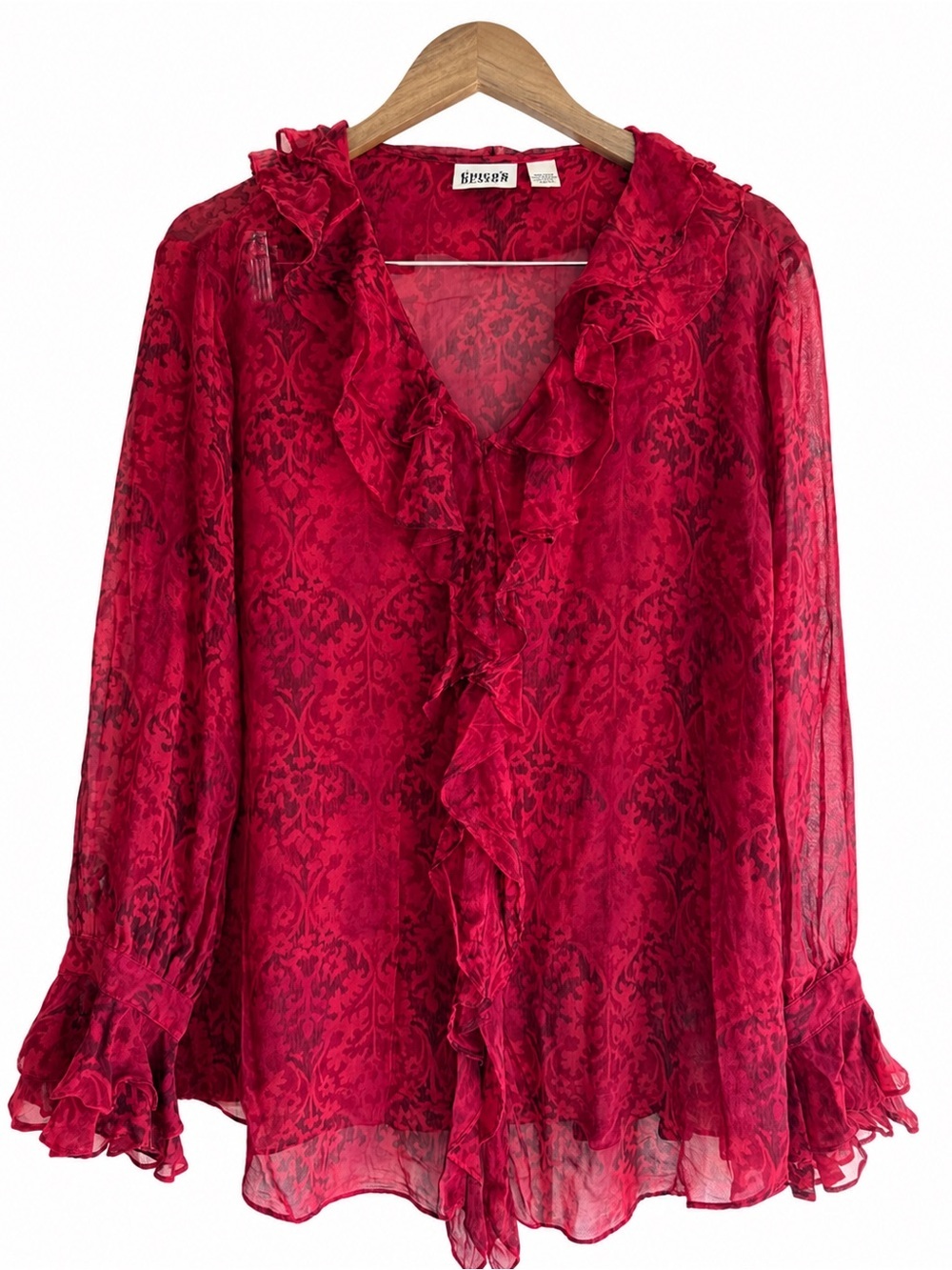 Vintage Chico's 100% Silk Red Ruffle-Front Sheer Blouse Size 3 (XL, US 16)